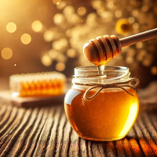 A glass jar filled with golden honey, with a wooden honey dipper dripping honey, placed on a rustic wooden table. The background features a blurred honeycomb and wildflowers, creating a cozy, organic atmosphere.