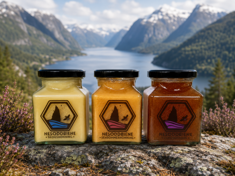 Trois pots de miel norvégien dans un paysage inspiré d'un fjord.