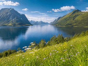 Paysage de fjord norvégien avec des fleurs sauvages de fin d'été au premier plan.