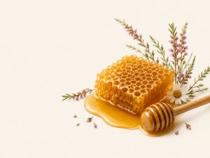 Nid d'abeilles doré avec une cuillère à miel en bois, du miel et des brins de bruyère.